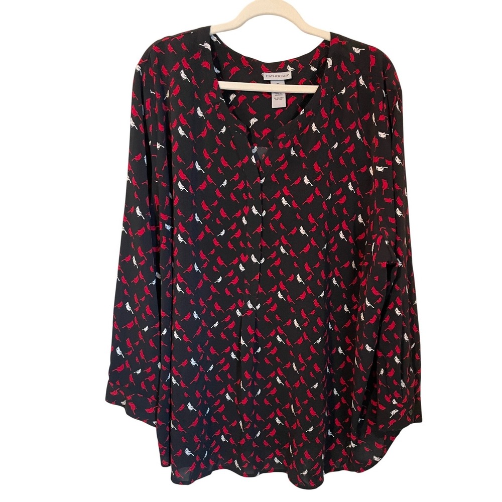 Catherines Womens 3X 26/28W Cardinal Bird Print Blouse Black Red Split V-Neck